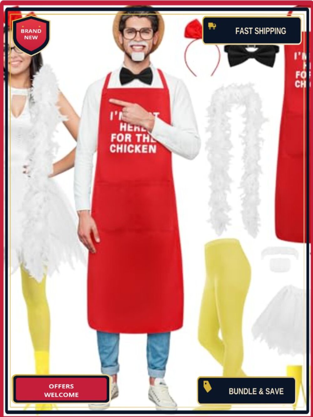 2 Set Halloween Couple Costume Chicken Chef Adult Tutu Apron Bow Tie
